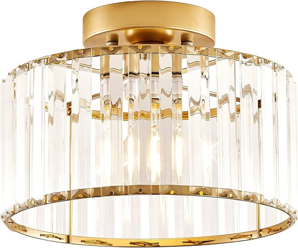 Modern Gold Semi Flush Mount Ceiling Light Crystal Hallway Light Fixture Metal Close to Ceiling L... | Amazon (US)