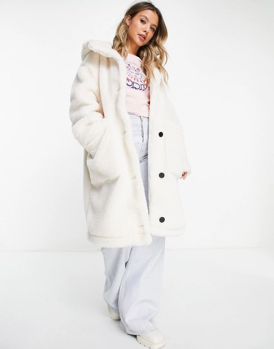 Topshop longline teddy jacket with hood in cream-White | ASOS (Global)