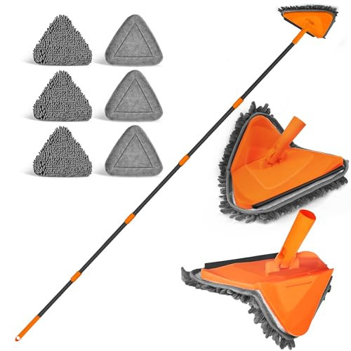 JEHONN Wall Mop with Long Handle 80 inches, Upgraded 180° Collapsible Baseboard Cleaner Tool with Squeegee, Ceiling Duster with 3 Microfiber and 3 Chenille Pads for Cleaning Window, Cabinet (Orange) | Amazon (US)