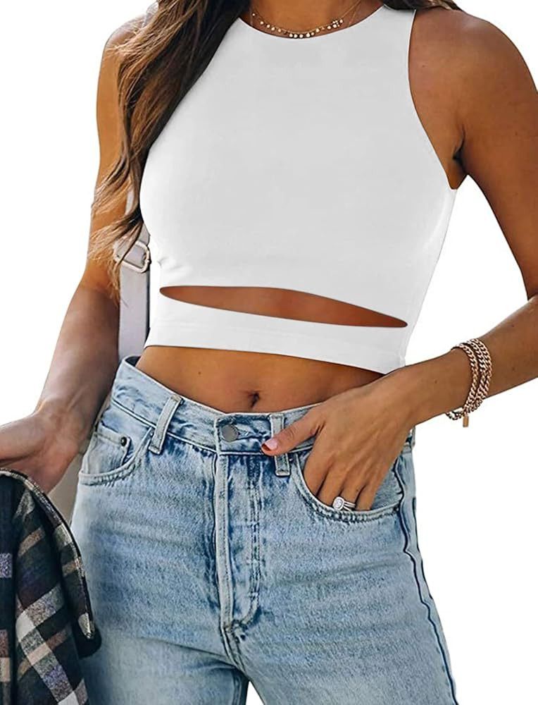 Minthunter Women's Sleeveless Crop Tops Summer Racerback with Cutout Waist Basic Wide Strap Camisole | Amazon (US)