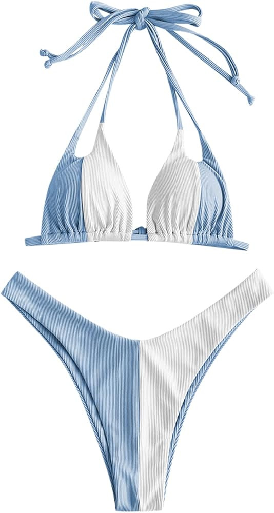 ZAFUL Women's Halter Triangle Bikini Ribbed String Smocked Swimwear Cheeky Thong Swimsuit High Cu... | Amazon (US)