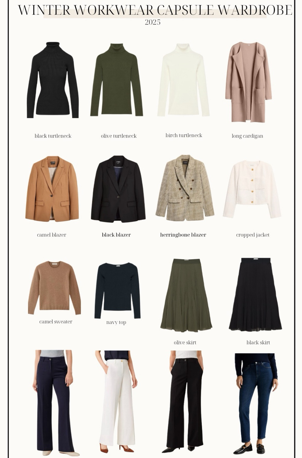 Winter workwear capsule! 

This capsule has 16 pieces (not including shoes and bags) and 30 outfits! 

Black turtleneck (aritzia): xs 
Green turtleneck (aritzia): xs 
White turtleneck (aritzia): xs birch 
Long cardigan (amazon): xs apricot 
Camel blazer (j.crew): petite 00 
Black blazer (j.crew): petite 00 
Herringbone blazer (banana republic factory): petite xxs 
Cropped jacket (banana republic factory): petite xxs 
Camel sweater (quince): xs teak 
Navy sweater (aritzia): xs 
Olive skirt (aritzia): xs 
Black skirt (aritzia): xs 
Navy pants (Ann Taylor): petite 00 
White pants (Ann Taylor): petite 00 
Black pants (Ann Taylor): petite 00 
Jeans (quince): 24x26 

Taupe boots links are a similar color to my pair 
Tan boots are sold out (but linked in case they restock) 

My measurements for reference: 4’10” 105lbs bust, waist, hips 32”, 24”, 35” size 5 shoe. 25” inseam measurement to my ankle bone.

#LTKWorkwear #LTKStyleTip