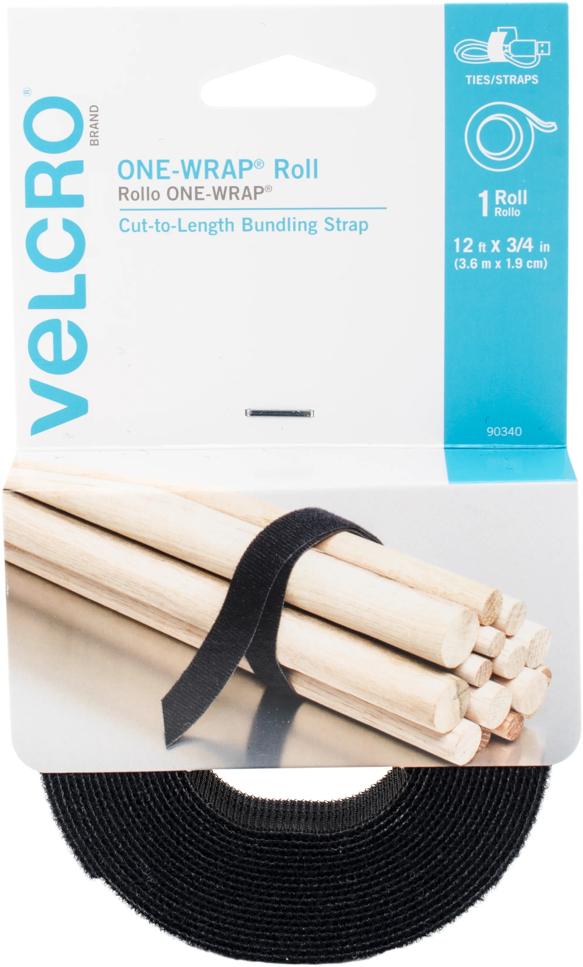 VELCRO Brand ONE-WRAP Cut-to-Length Roll, Wraps Onto Itself 12ft x 3/4in Black | Walmart (US)
