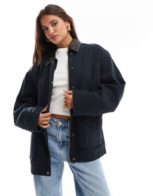 ASOS DESIGN oversized washed jacket with leather look collar in navy | ASOS (Global)