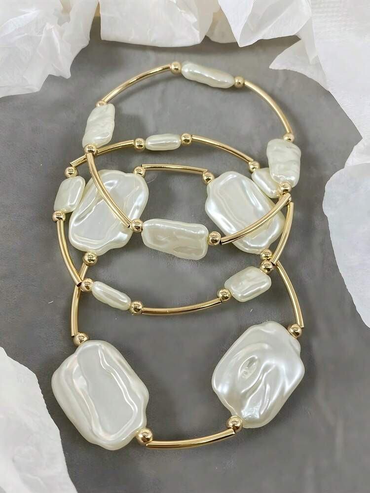 3pcs/Set Asymmetrical Baroque Style Faux Pearl Beaded Bracelets, Vintage Gold Color, Fashion Jewe... | SHEIN