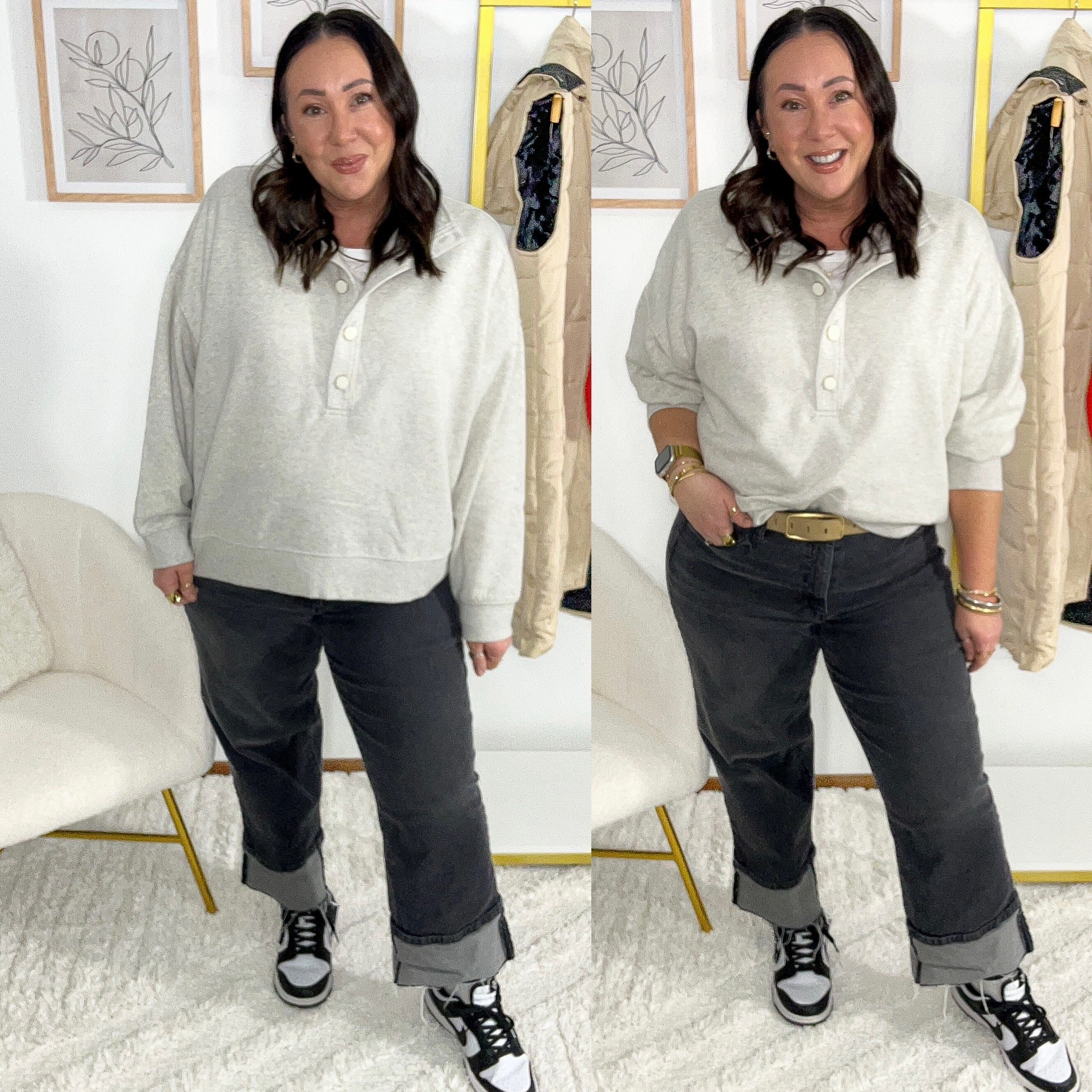 $19.98 quarter button pullovers @walmart! Wearing an xl in this one for an oversized fit.  XL @gap tee. Size 16 full length jeans. XL belt. @nike dunks run true to size  

#LTKMidsize #LTKPlusSize #LTKOver40