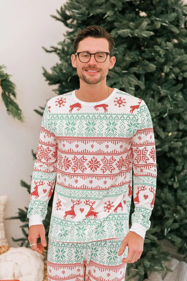 Snowy Wonderland Men's Ivory/Green Fair Isle Pajama Top | The Pink Lily Boutique