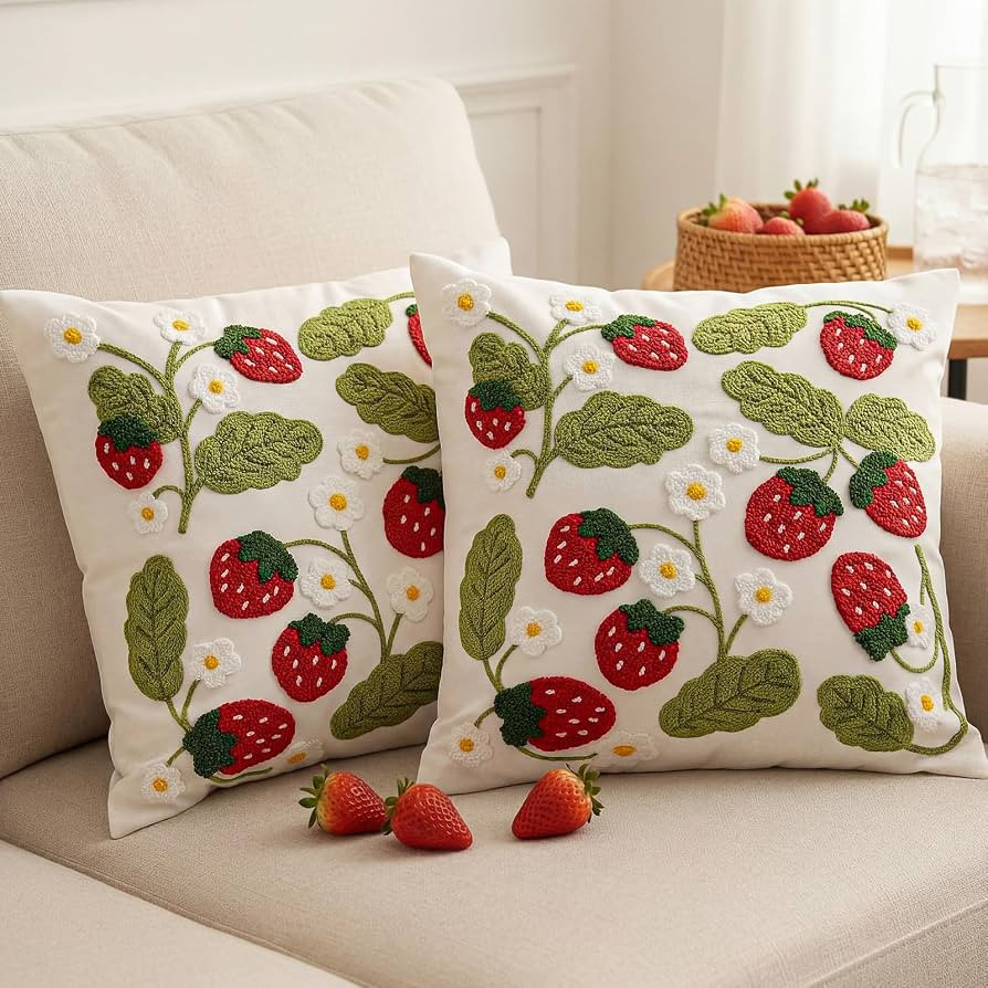Tranqun Set of 2 Strawberry Throw Pillow Covers 20 x 20 Inches 3D Embroidered Cute Summer Fruit S... | Amazon (US)