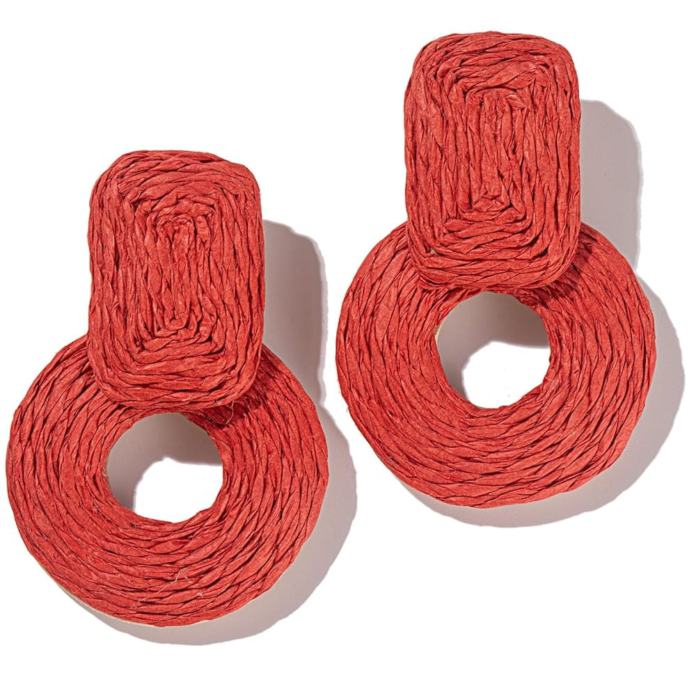 Statement Boho Rattan Dangle Earrings - Handmade Straw Wrap Summer Drop Dangling Earrings for Wom... | Amazon (US)