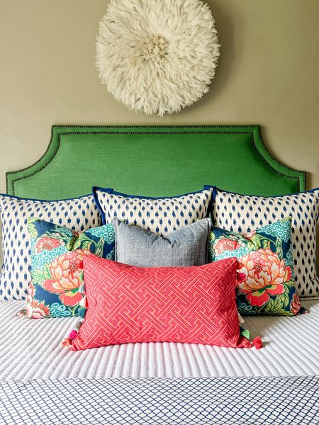 Sweet dreams!  I make many of my pillows so I can’t share a source, but  linking what I can or similar items to get this look. The floral pillows were sent to me by mistake when I ordered something else, but I loved the colors so much I kept them!  They are a designer inspired design, but the fabric is synthetic and suitable for indoor or outdoor.  Always use inserts 2” larger than your pillow cover for a full, plump pillow! 

#LTKhome #LTKstyletip #LTKfindsunder50