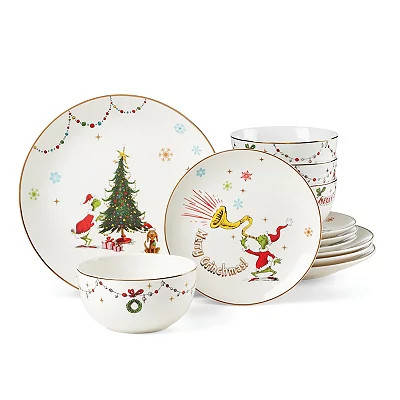 Dinnerware Set, 12 Piece, White/Green/Red, 10.75, Porcelain | Kirkland's Home | Kirklands