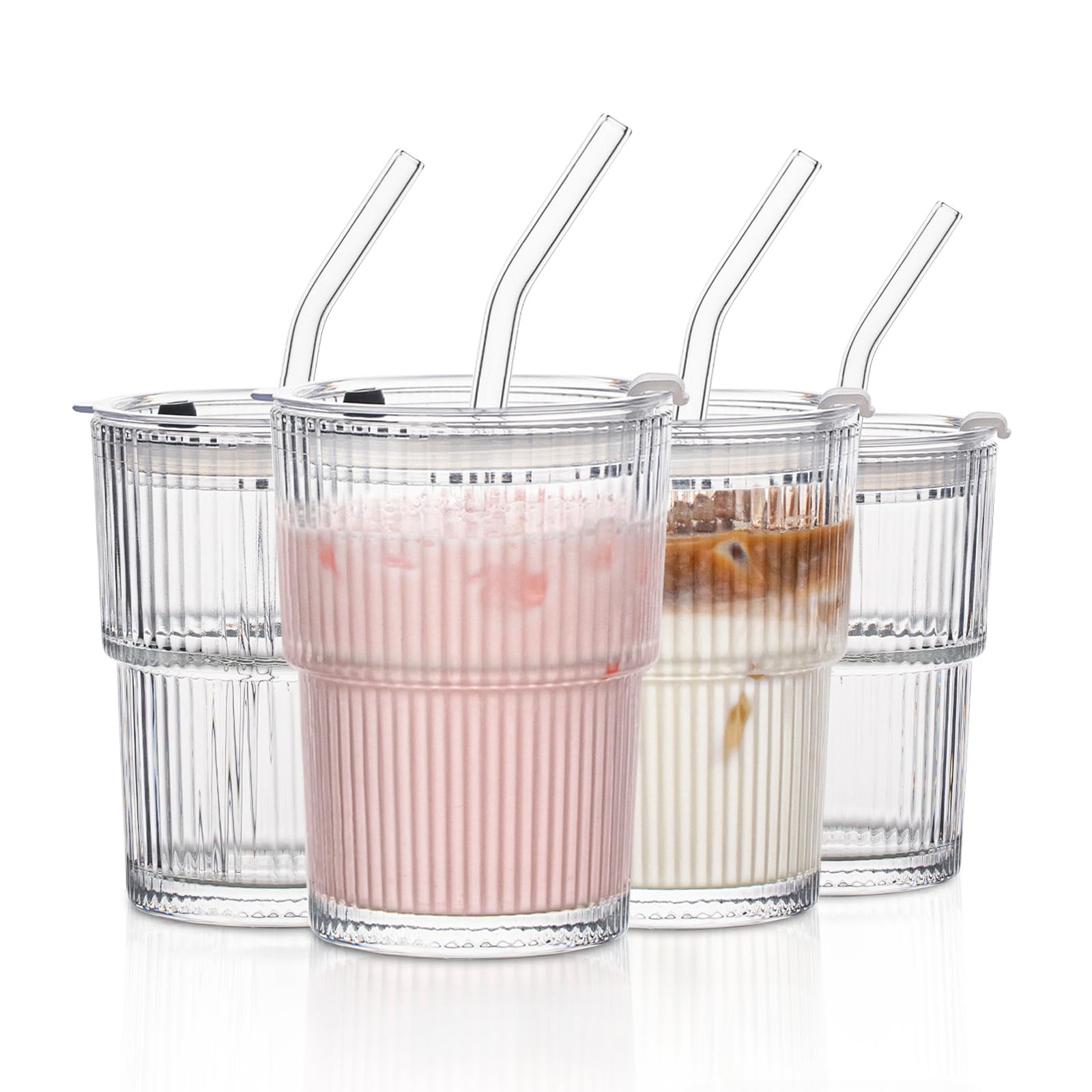 INSETLAN 380ml Glass Tumbler with Lid and Straw 4 Pack - Ribbed Glass Cup Iced Coffee Glasses, Cl... | Amazon (UK)
