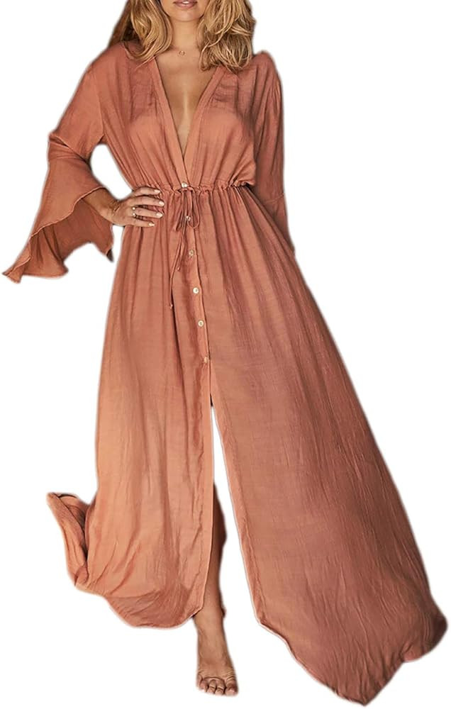 Bsubseach Women Sexy Lace Crochet Open Front Swimsuit Beach Long Kimono Cover Ups | Amazon (US)