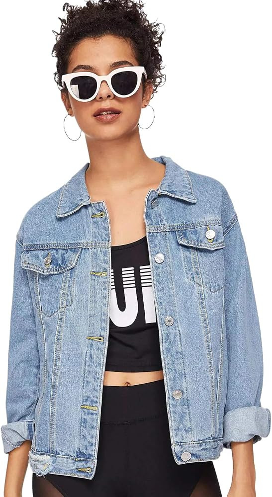 SweatyRocks Women's Casual Long Sleeve Button Down Boyfriend Denim Jacket | Amazon (US)