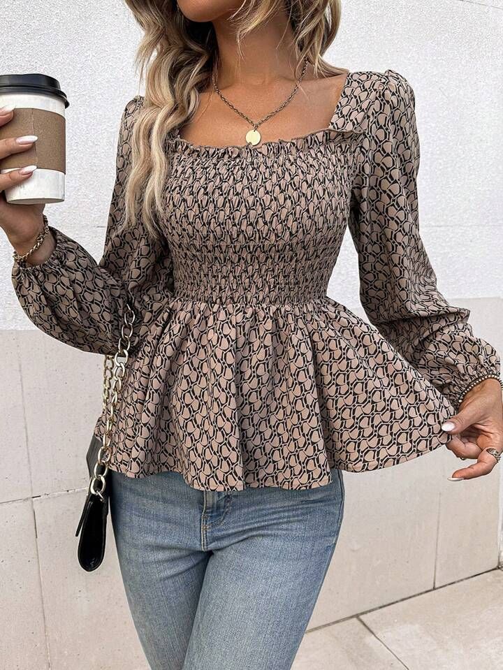 SHEIN VCAY Allover Print Square Neck Lantern Sleeve Peplum Blouse | SHEIN