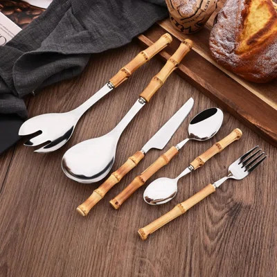 24-Piece Bamboo Handle Silverware Set - 18/8 Stainless Steel Flatware, Handcrafted for Picnic/Daily Use | Wayfair North America