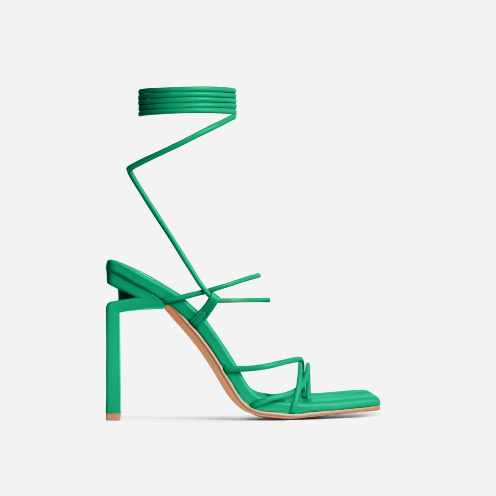 Laced Strappy Square Toe Cut Out Thin Block Heel In Green Faux Leather | EGO Shoes (US & Canada)