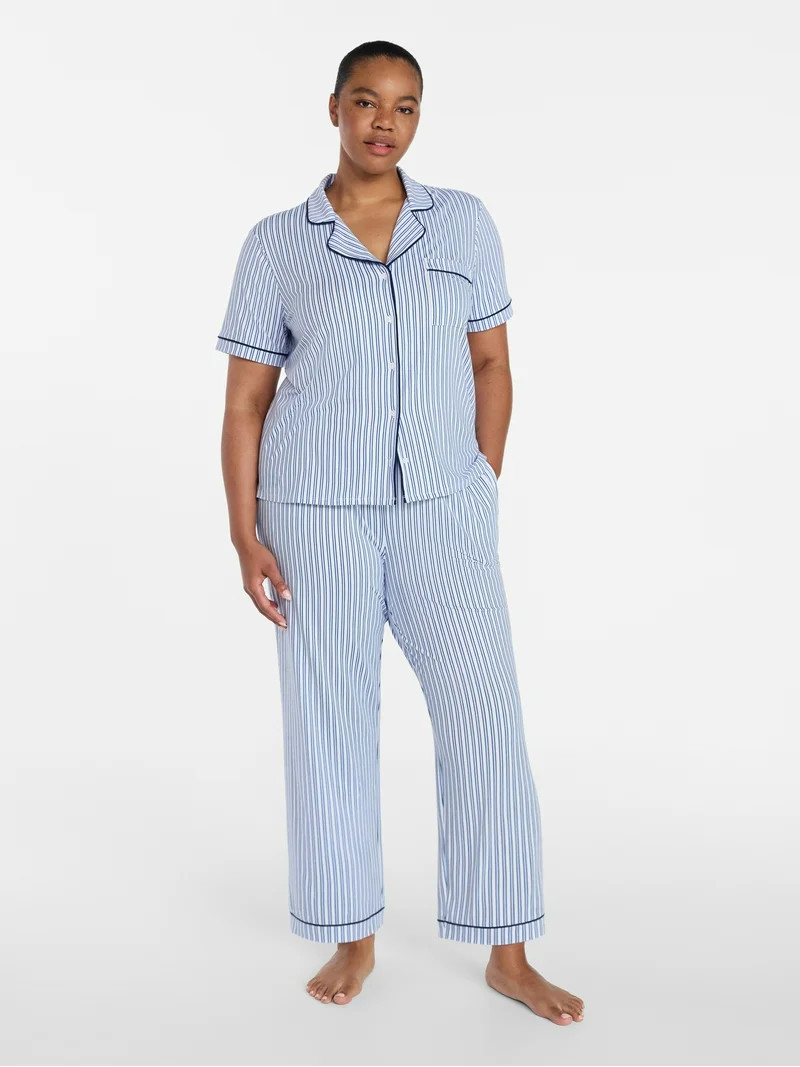 Joyspun Women's Dreamy Soft Collection Notch Knit Top and Capri Pants Pajama Set, 2-Piece, Sizes ... | Walmart (US)