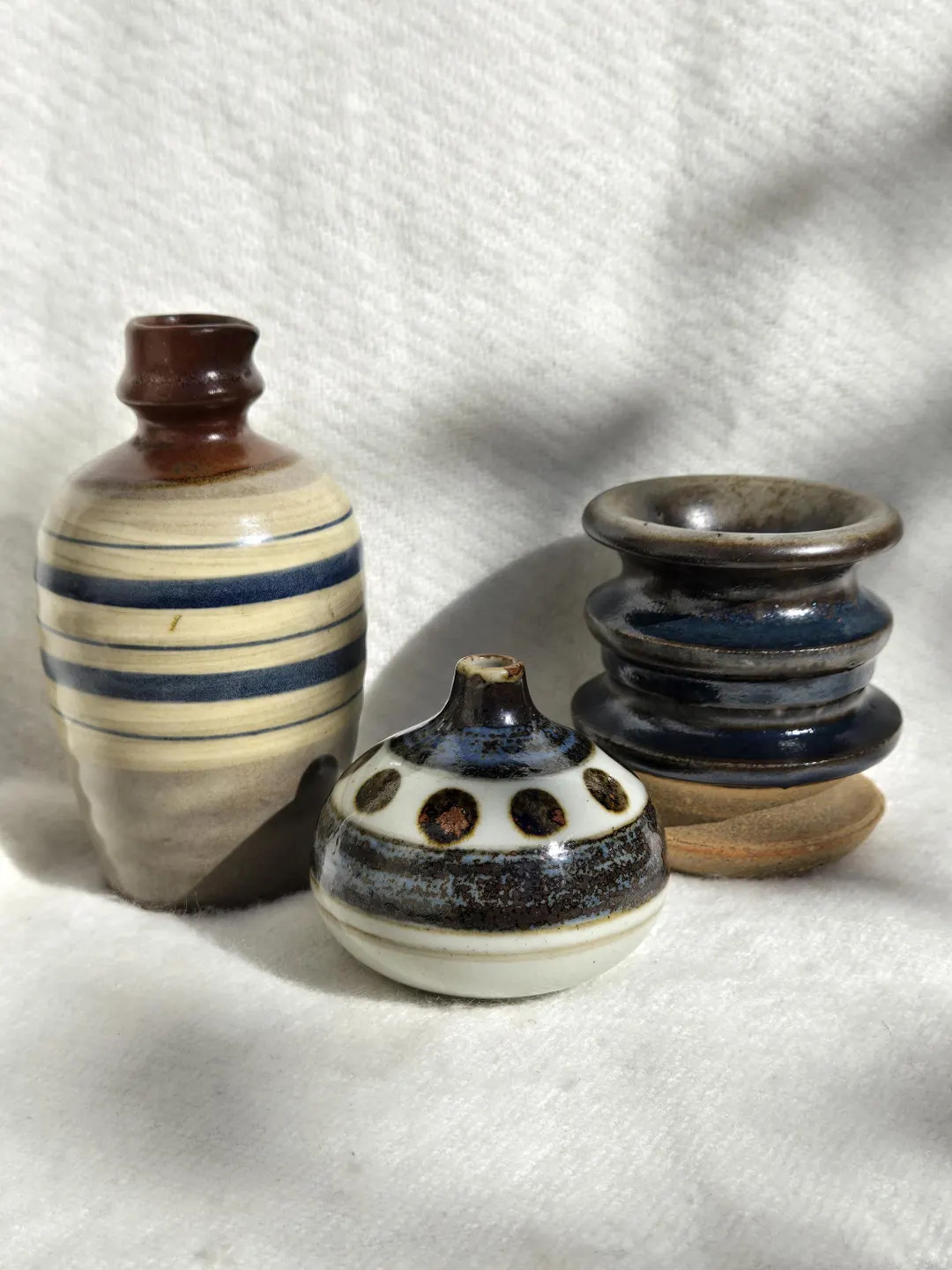 Handpicked Trio of Vintage Art Pottery Vases Blue and Brown Earth Tones Neutral Hues Curated Boho... | Etsy (US)