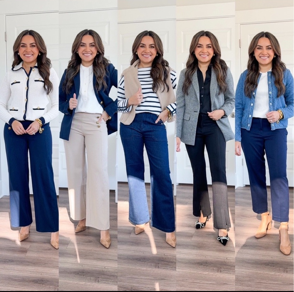 White and blue trim ribbed sweater jacket size XS petite - sized up a size so I can button it TTS 
Navy Trouser Pants in size 2 petite TTS 
Suede Nude Heels size 5 TTS 

Navy Twill Blazer size 00 petite TTS 
White Collar Henley Blouse size xxs TTS  Beige Wide Leg Pants size 2 petite TTS 
Suede Nude Heels size 5 TTS 

Striped Boatneck top size XS petite TTS 
Pleated V-Neck Cardigan size xxs TTS 
High Rise Wide Leg jeans size 26 petite - Runs a little big in the waist Suede Nude Heels size 5 TTS 

Black blouse size xxs petite TTS 
Grey Blazer size 00 petite TTS 
Split hem flare pants size 2 petite TTS 
Black bow heels size 5 TTS 

Indigo Quilted Denim Jacket size xxs petite TTS - size up a size if you like a lose fit 
White Waffle Blouse size XS petite TTS 
Navy Trouser Pants in size 2 petite TTS 
Suede Strap Heels size 5 TTS

Valentines Day outfit 
Work outfit 
Office outfit 
Work wear 
Style tip 
Valentines 

Honey Sweet Petite 
Honeysweetpetite 

#LTKworkwear #LTKstyletip #LTKsalealert