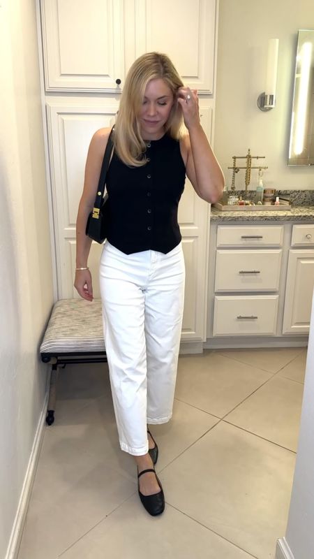 Black vest top
White jeans
White denim

Summer outfit 
Summer 
Vacation outfit
Vacation 
Date night outfit
#Itkseasonal
#Itkover40
#Itku
#LTKShoeCrush #LTKItBag

#LTKVideo