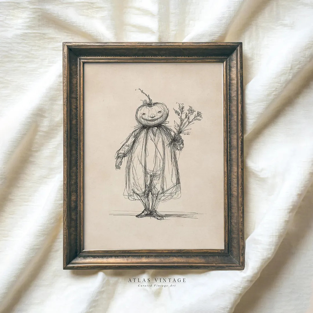 Vintage Funny Jack O Lantern Sketch Print, Halloween Pumpkin Line Drawing Printable Wall Art, Spo... | Etsy (US)