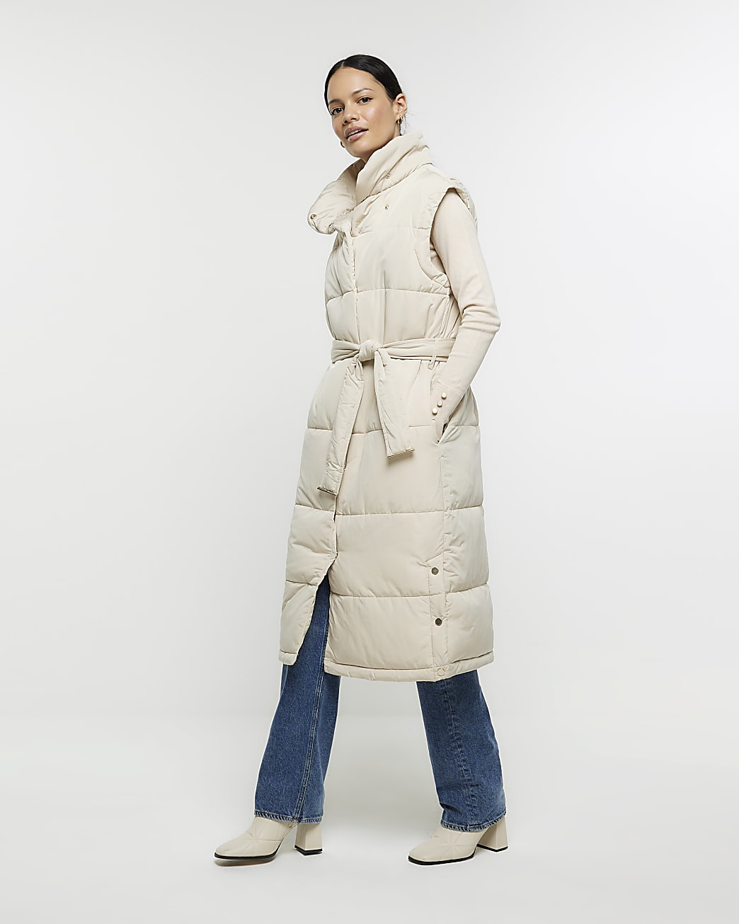 Cream belted padded longline gilet | River Island (US)