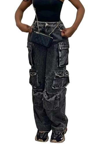 Women's Cargo Jeans Y2K High Waisted Baggy Jeans Straight Wide Leg Cargo Pants Streetwear Black | Amazon (US)