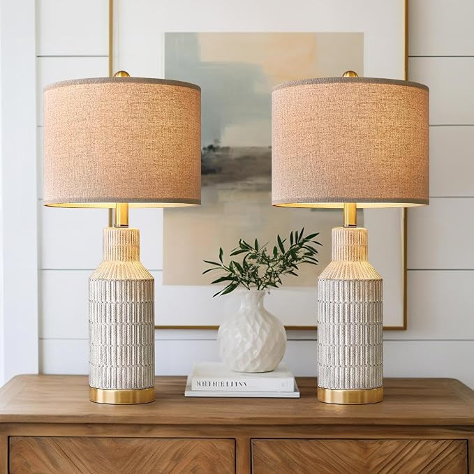 USumkky 25" Ceramic Table Lamps for Living Room, White and Gold Farmhouse Bedroom Lamps Set of 2,... | Amazon (US)