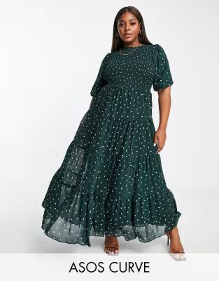 ASOS DESIGN Curve shirred tiered maxi dress in green spot print | ASOS (Global)