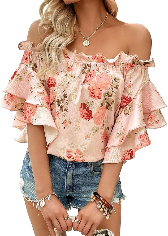SOLY HUX Women's Floral Print Blouse Off Shoulder Ruffle Trim Half Sleeve Summer Tops | Amazon (US)