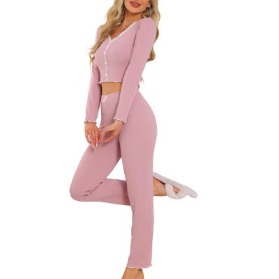 INSPIRE CHIC Women's Long Sleeve Full Length Solid Flounce Pajama Set Lounge Set Large Pink | Target