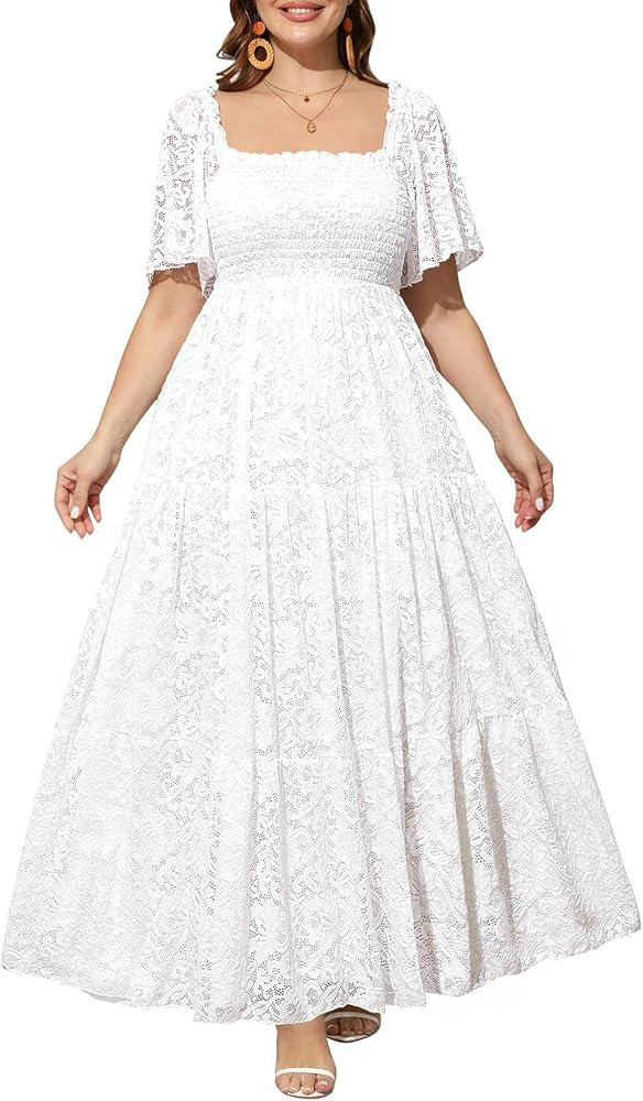Women's Plus Size Floral Lace Wedding Boho Dress Flowy Smocked Tiered Maxi Dress | Amazon (US)