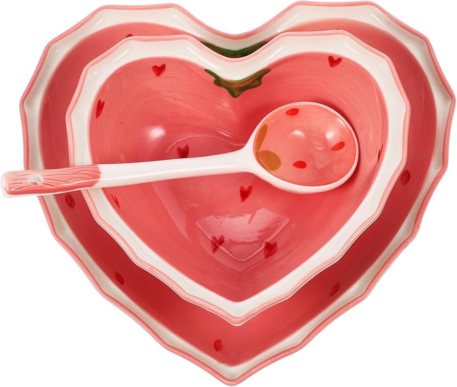 Ceramic Bowl Plate with Spoon Heart Shaped Strawberry Bowl Salad Bowl Dessert Bowl Snack Bowl App... | Amazon (US)