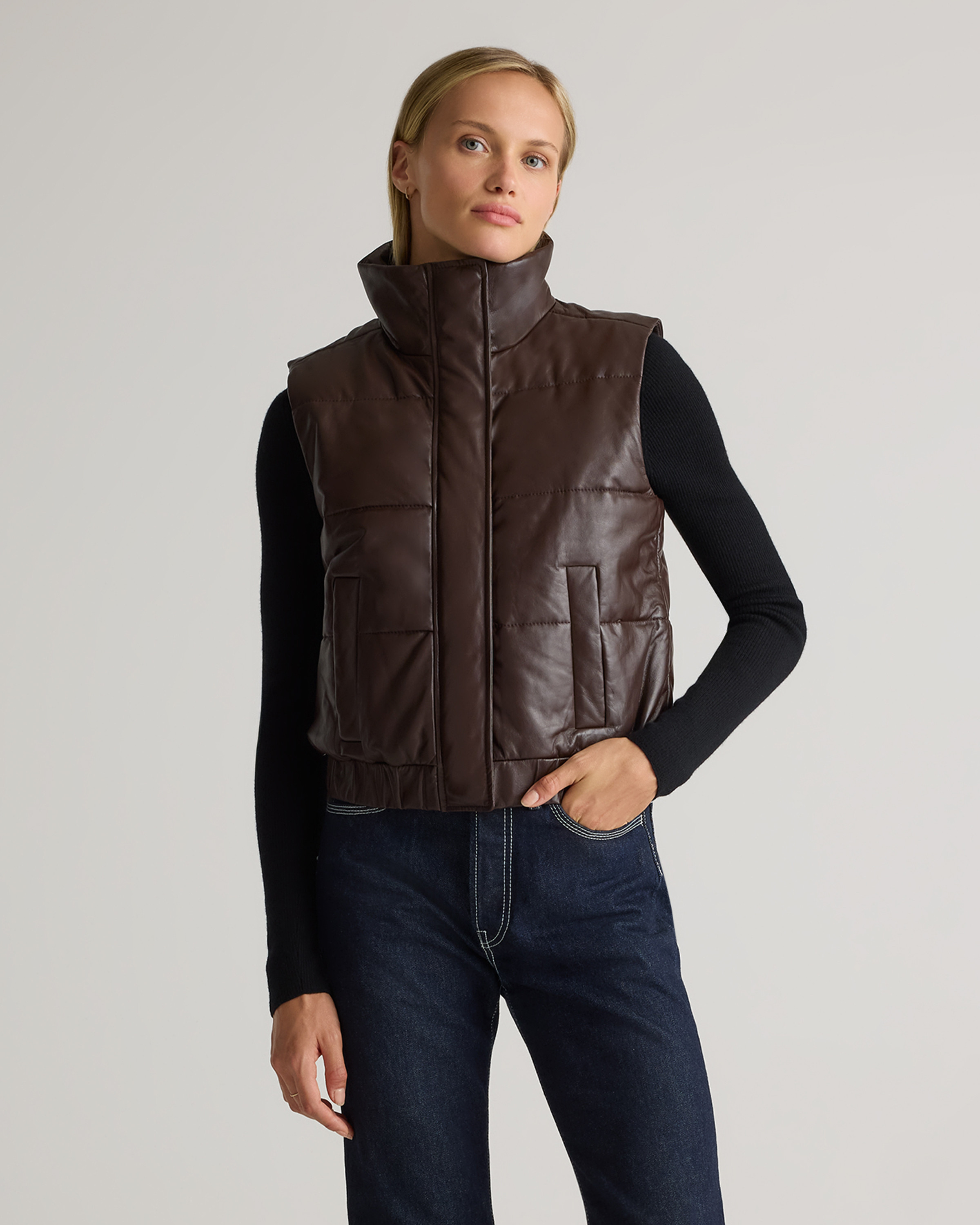 Quince | Women's Puffer Vest in Brown, Size Medium, Leather | Quince