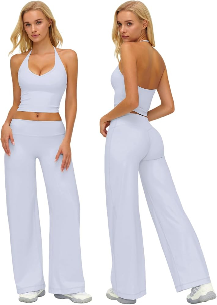 ABOCIW Womens Workout Sets 2 Piece Spaghetti Straps Crop Top Straight Leg Yoga Pants Yoga Pilates... | Amazon (US)