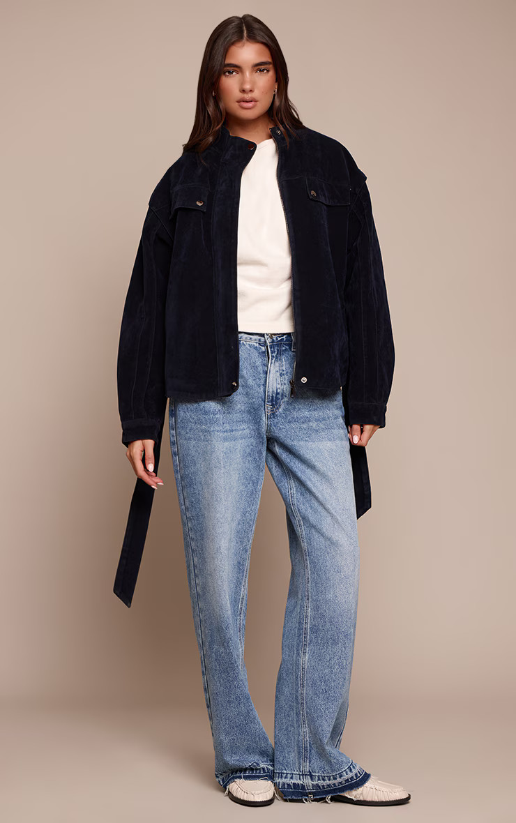 Navy Faux Suede Belted Drop Waist Jacket | Outerwear | PrettyLittleThing IE