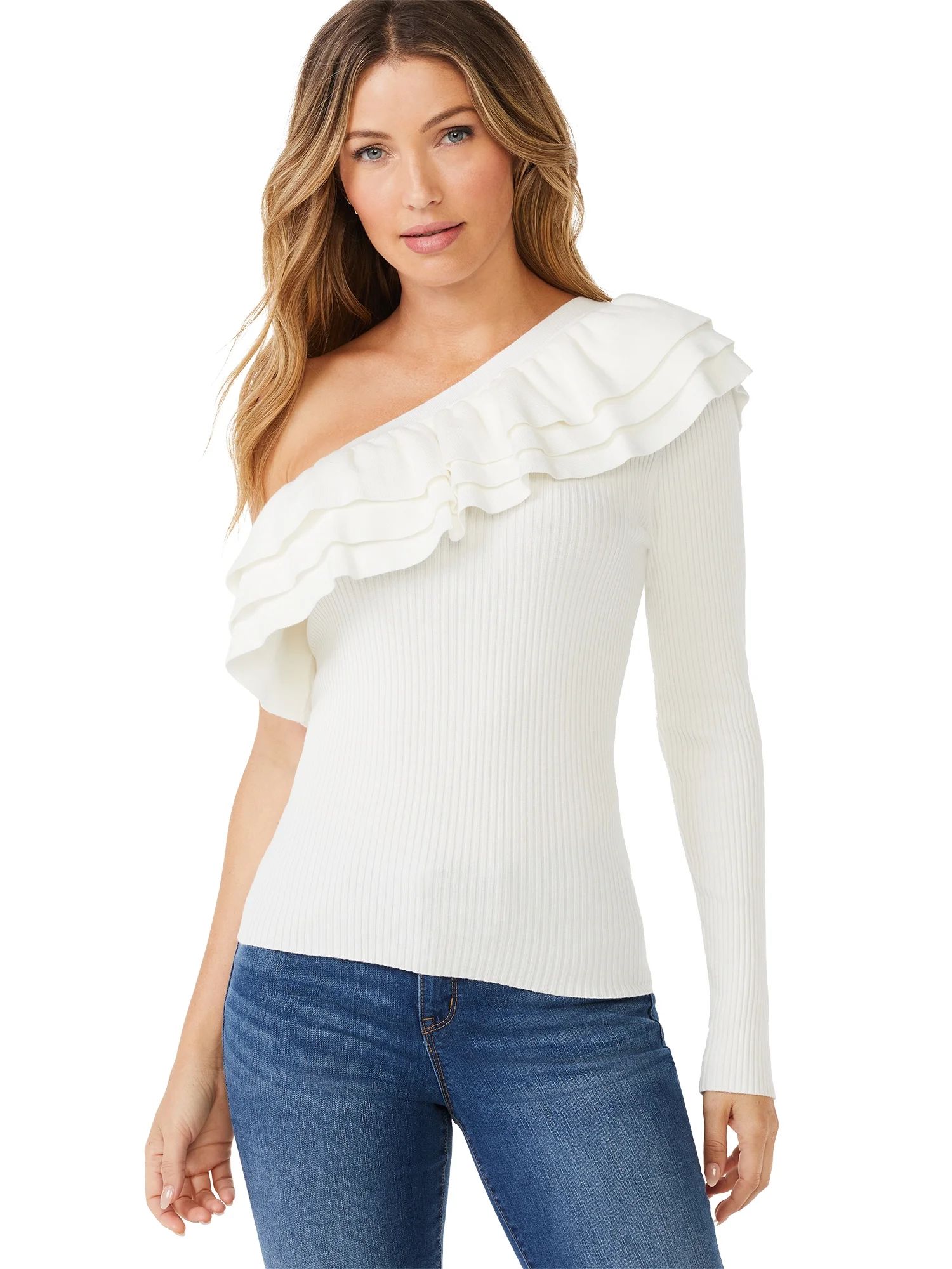 Sofia Jeans by Sofia Vergara Women's One-Shoulder Ruffle Sweater | Walmart (US)