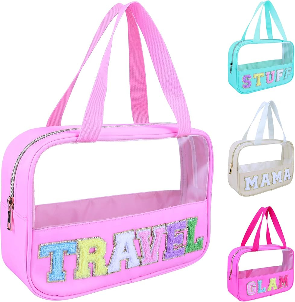 Ineowelly Preppy Makeup Bag with Chenille Letter Patches, Chenille Letter Bag Large Travel Cosmet... | Amazon (US)