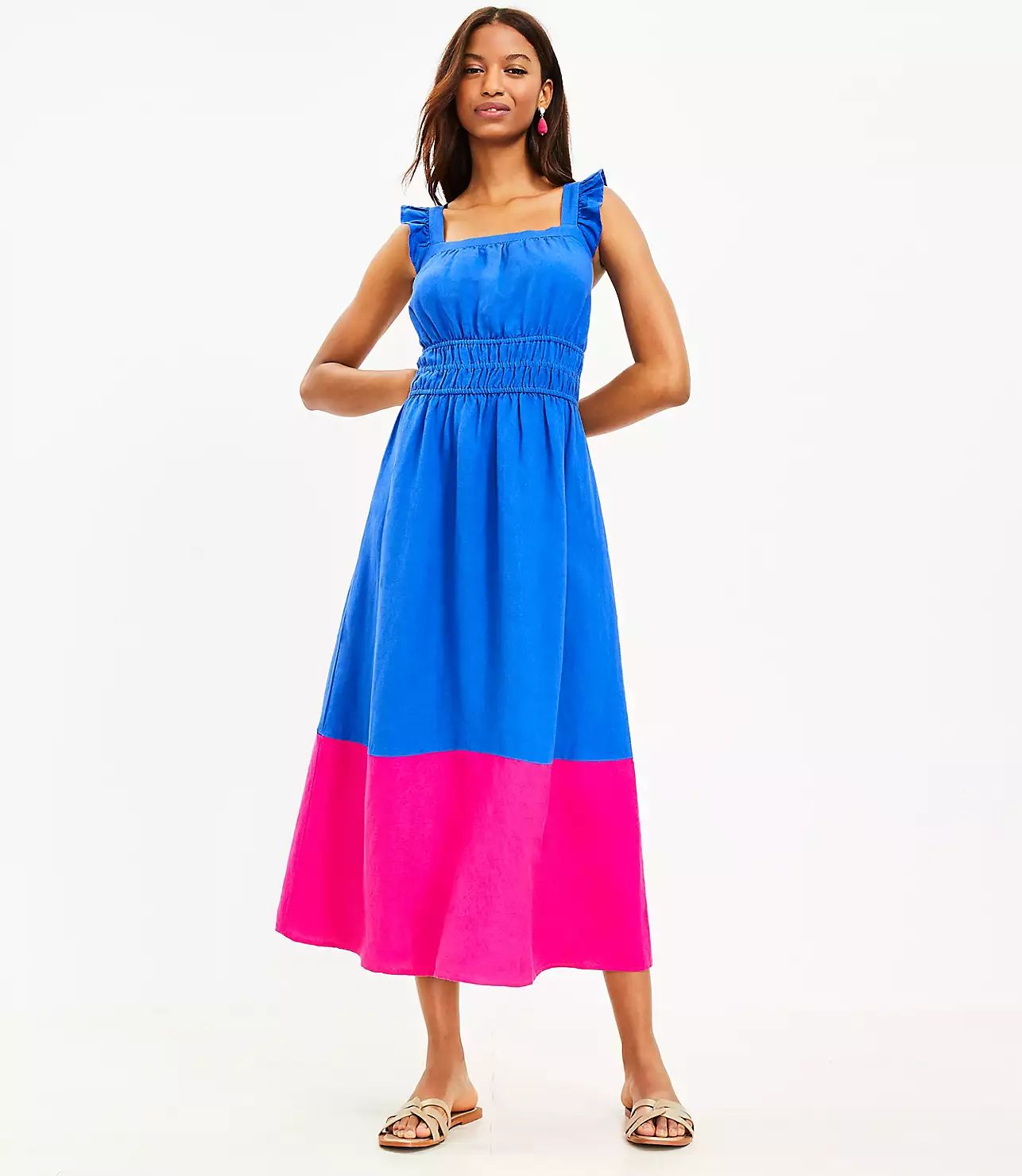 Colorblock Ruffle Strap Square Neck Midi Dress | LOFT