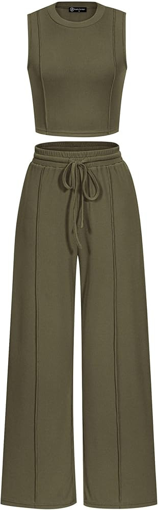 PRETTYGARDEN Women's Summer 2 Piece Loungewear Set Cropped Tank Top Wide Leg Sweatpants Tracksuit... | Amazon (US)