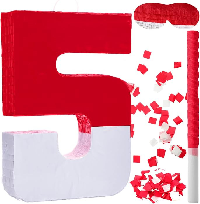 Number 5 Pi\u00f1ata with Batting Stick Eye Mask and Confetti Red and White Pi\u00f1ata for Kids ... | Amazon (US)