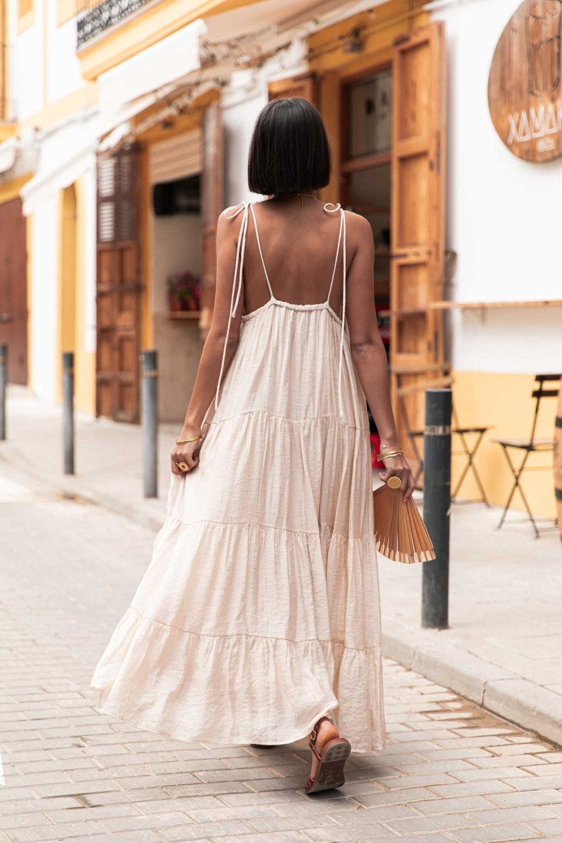 ESMÉRALDA Beige Robe Longue à étage bretelles à nouer femme | Pretty Wire