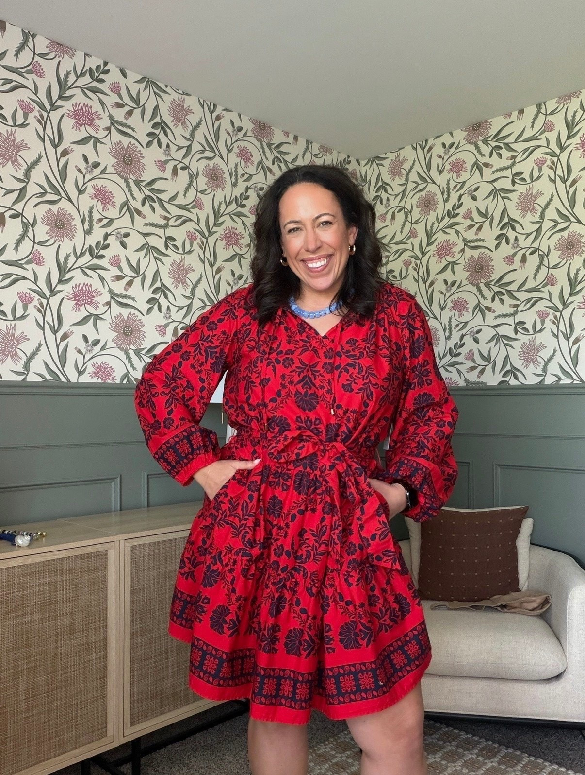 I’m loving the pretty floral print on this red dress. The tie waist and detailed border give it such a feminine touch without feeling like too much. I’d wear this one to a wedding, dinner, shower, or any special occasion.

#LTKSeasonal #LTKMidsize #LTKootd