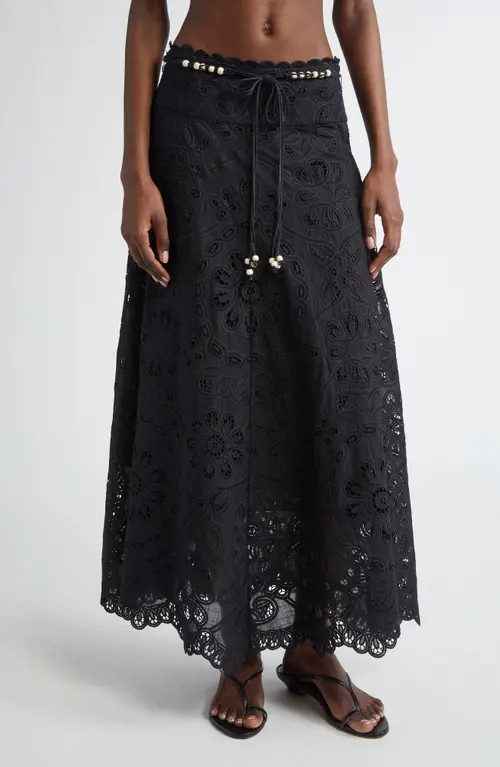 Zimmermann Rhiannon Guipure Lace Trim Cotton Maxi Skirt in Black at Nordstrom, Size 2 | Nordstrom