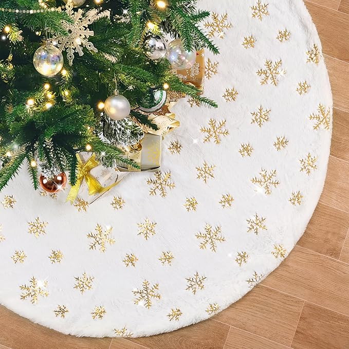 Christmas Tree Skirt Large 48 Inch White Xmas Faux Fur Tree Skirt Gold Sequin Snowflakes Tree Mat... | Amazon (US)