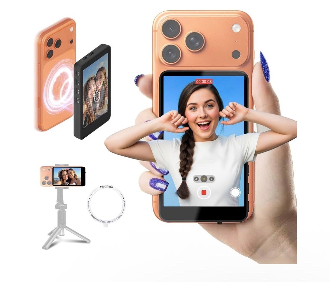 Selfie Monitor Screen for iPhone 17 Series, Secure Private Wireless P2P, 4K/1080p Magnetic Vlog Back Camera Monitor with 164FT Range for YouTube TikTok Live Streaming (Black)