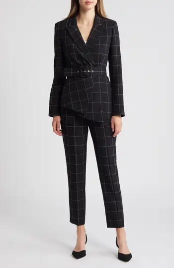 Tahari ASL Windowpane Check Belted Blazer & Pants Set in Black Ivory at Nordstrom Rack, Size 6 | Nordstrom Rack