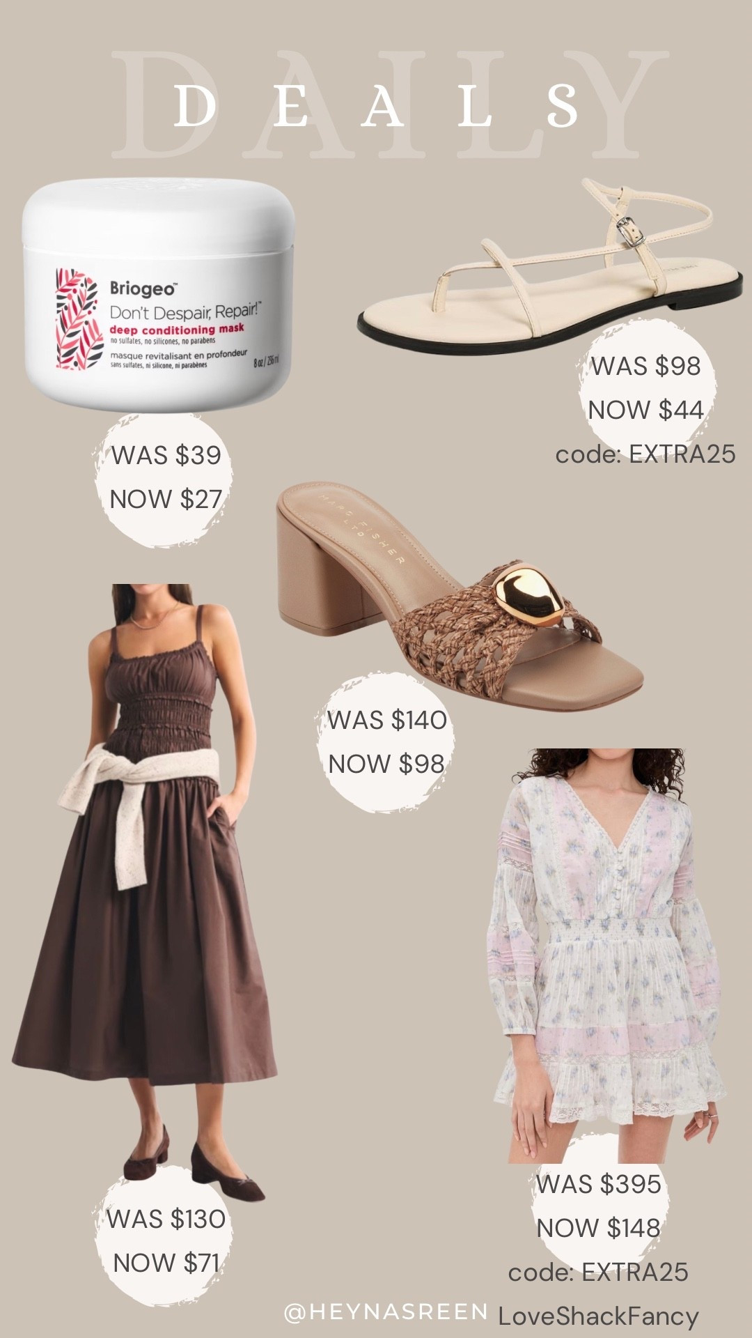 Daily deals on Briogeo hair mask, Free People sandals, LoveShackFancy dress, Marc Fisher heels, Abercrombie dress