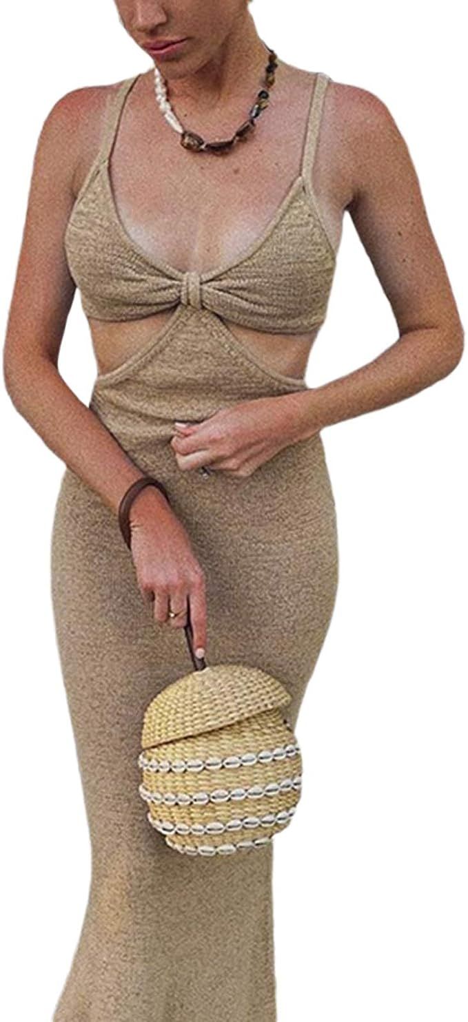 SOLILOQUY Sexy Knitted Cut Out Dress Bodycon Halter Neck Maxi Dress Club Party Beach Strap Long D... | Amazon (US)